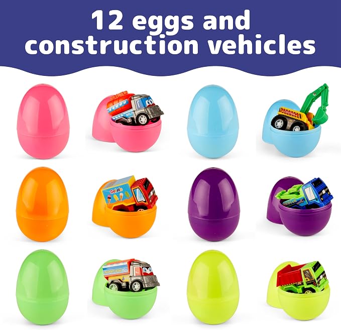 PREXTEX Set of 12 Toy Filled Easter Eggs with Pull-Back Construction Vehicles - Pre Filled Plastic Easter Eggs with Toys Inside - Large Egg Party Favors for Kids