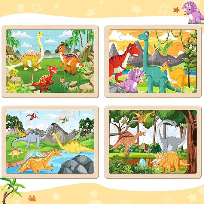 Puzzles for Kids Ages 4-6,24 Pieces Wooden Puzzles for Toddlers Ages 3-5 4-8 3 4 5 6 3-4 Year Olds.4 Pack Dinosaur Puzzle Set Children Jigsaw Puzzles for Boys and Girls Educational Learning Toys