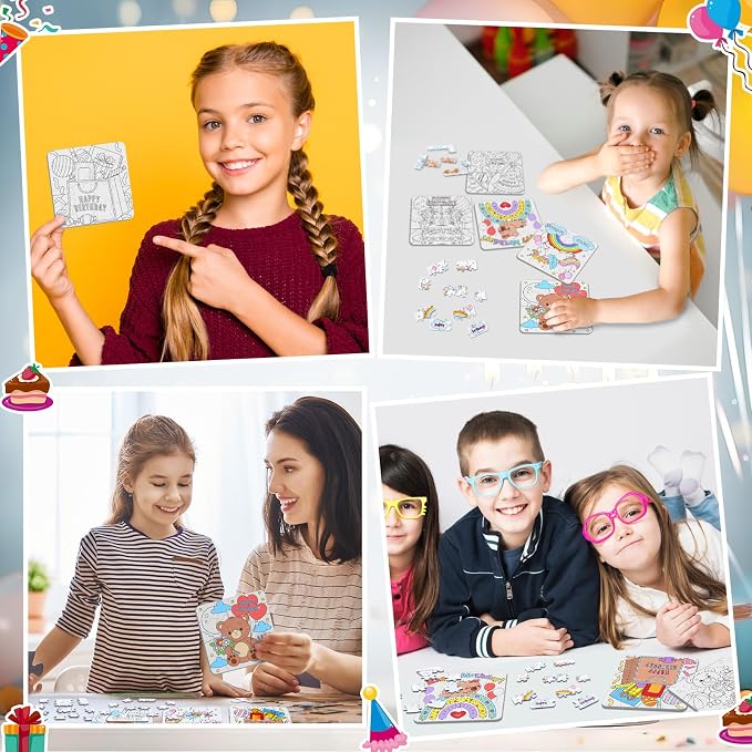 Realspring 24 Pack Happy Birthday Color Your Own Jigsaw Puzzles for Kids 3-5, 4-6, 6-8, Coloring Crafts DIY Paper Puzzles Party Favors Gifts for Toddler Children Learning Education Toys