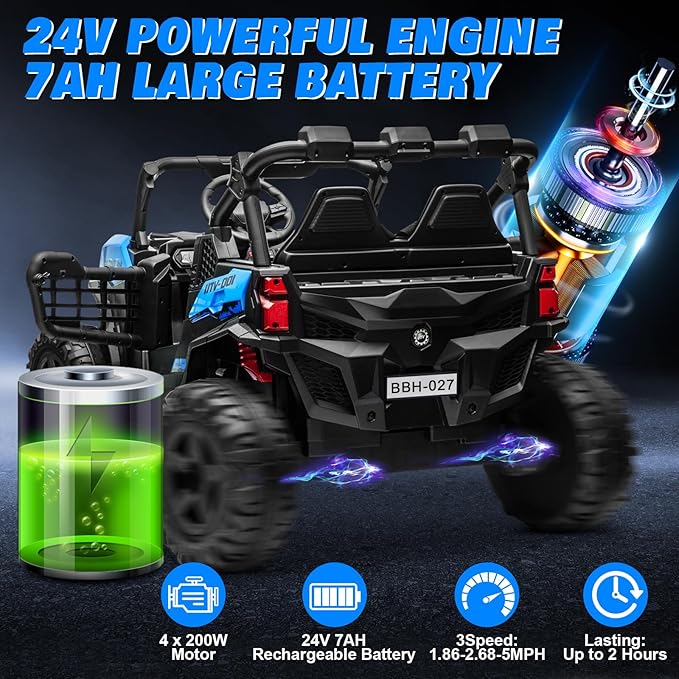 24V 2-Seater Ride On Car Truck w/4x200W, 20" Spacious Seat, 4WD/2WD Switchable, 5 Mph Max Speed, Rainbow Lights, Remote Control, Soft Start, Storage, Electric Car for Kids Ages 3-8, Blue
