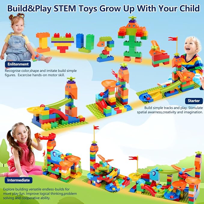 COUOMOXA Marble Run Building Blocks for Kids: STEM Educational Toys for 3 4 5 6 7 8 Years Old Kids - Catapult Track Set Compatible Classic Blocks Age 3-5 4-8 - Birthday Gifts Boys Girls