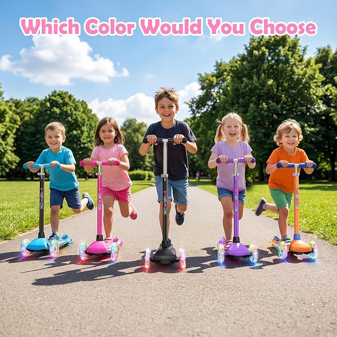 TONBUX Kids Scooter for Ages 3-8: 3-Wheel Kick Scooter with LED Light-Up Wheels & Deck, 7 Lighting Modes, 4 Adjustable Heights, Metal-Reinforced Deck, Lean-to-Steer Balance Training Toddler Scooter