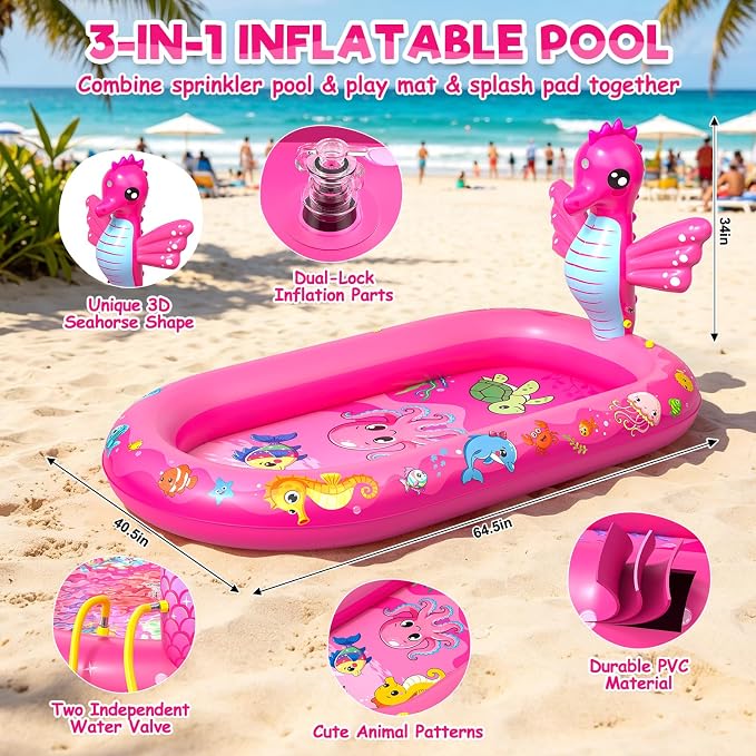 Splash Pad for Toddlers, 3-in-1 Seahorse Inflatable Baby Pool Sprinkler for Kids, Baby Splash Pads Outdoor Play Mat, Backyard Summer Water Toys Birthday Gift for 1+ Year Old Girls Kids