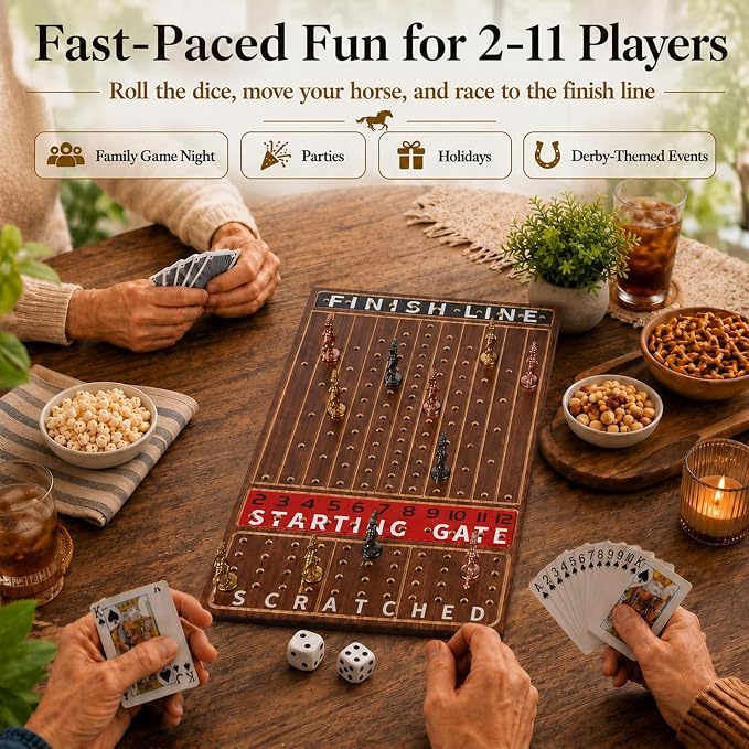 Jyquorp Horse Race Board Game Wooden Kentucky Derby Party Game Set with 11 Metal Horses, 2 Dice & 2 Card Decks, Large Solid Wood Horse Racing Board Game for Family & Adults (15.6" x 10")