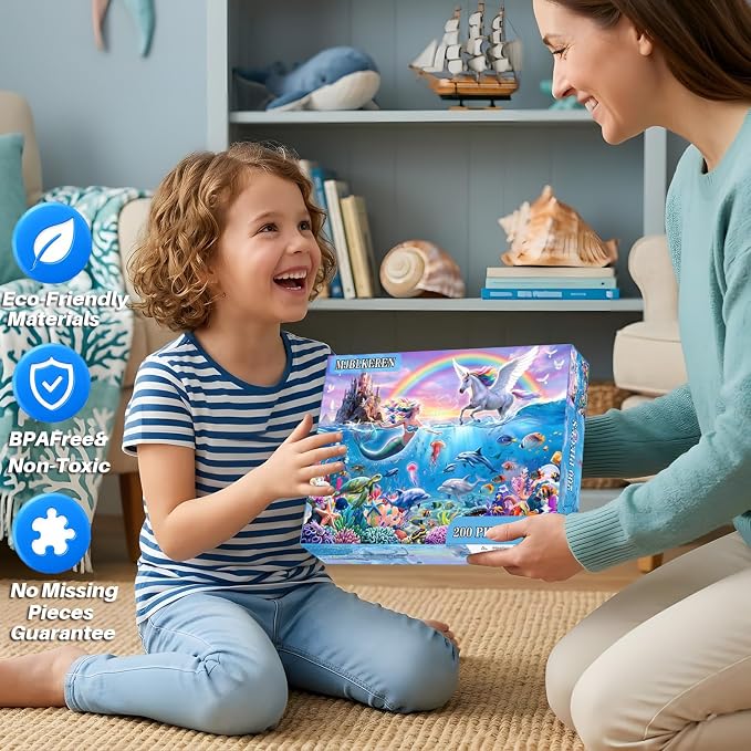 Puzzles for Kids Ages 6-8 8-10 Year Old - Mermaid Unicorn Puzzle for,200 Piece Jigsaw Puzzle for Learning Educational Puzzles Toys for Boys and Girls
