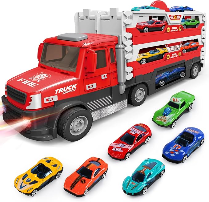 DOWELLIN 6 in 1 Transport Truck Toys for Kids, Police Trucks Carrier Cars with 6Pcs Metal Race Car with Light&Sounds, Toddler Vehicles Toys Gifts for Boys Girls Age 3 4 5 6 7 8-Red