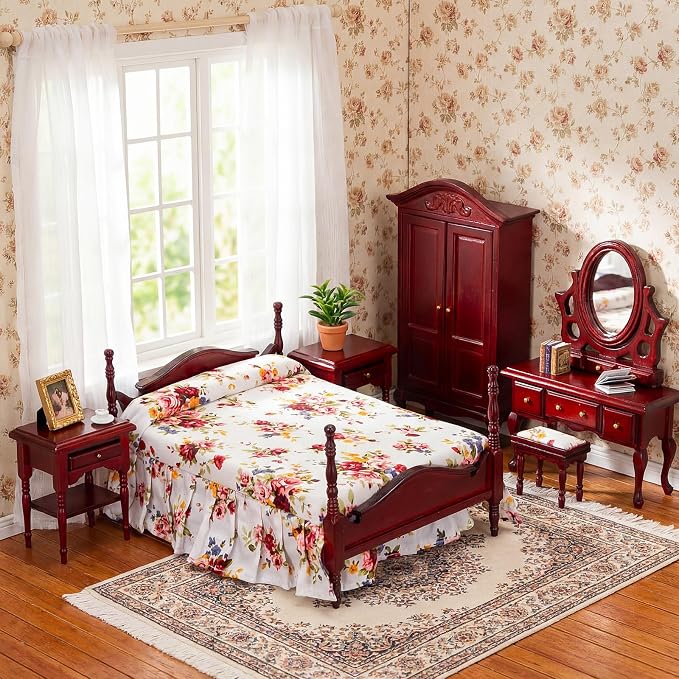 Skylety 7 Pcs Victorian Dollhouse Furniture Set 1: 12 Scale Wooden Mini House Bedroom Furniture and Accessories, Bed Dressing Table Wardrobe Carpet for Adults Toy Gift Miniature Doll House Accessories