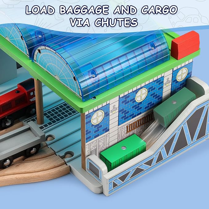 SainSmart Jr. Wooden Train Track Accessories - Premium Train Station with Double-Track Tracks and Conveyor Belt Fit for All Major Brands, Ideal Gift for Aged 3+