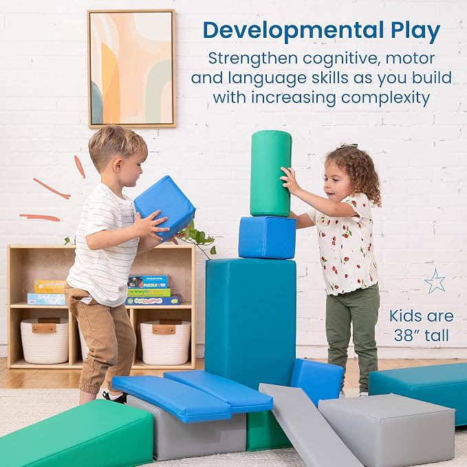 ECR4Kids SoftZone Builder Stacking Blocks and Shapes, Beginner Playset, Contemporary, 16-Piece
