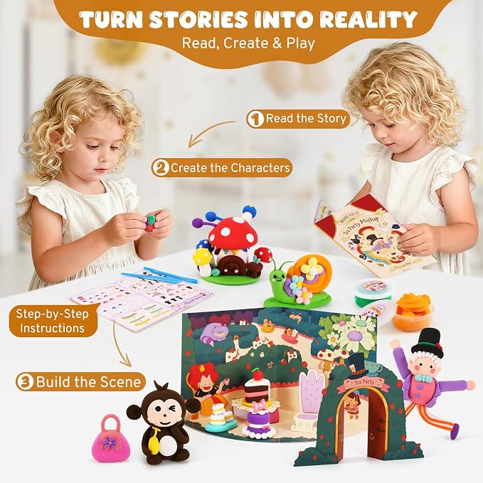 Air Dry Clay Kit for Kids, Modeling Magic Clays, 18 Colors with Storybook, DIY Tutorials, Tools & Scene Cards, Soft, Non-Sticky & Light, Clay Craft Gift for Boys & Girls Ages 3+ (Tea Party)