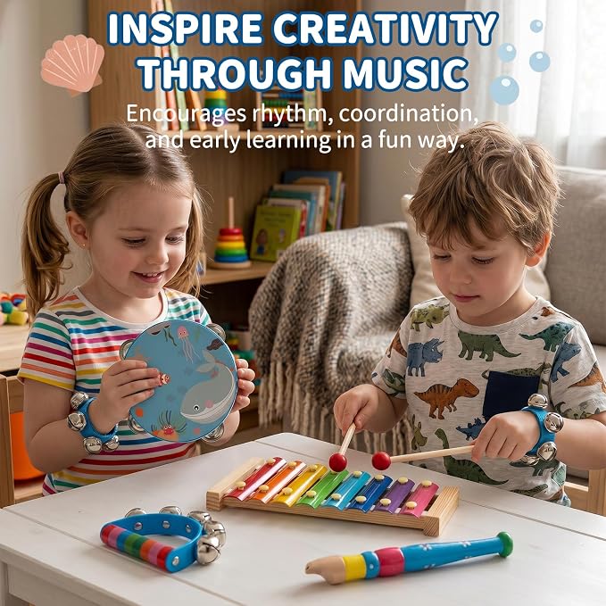 Wooden Musical Instruments Set for Toddlers 1-3, Natural Wood Percussion Instruments Xylophone Gift Set for Girls Boys Kids ,Preschool Educational Musical Toys with Storage Bag