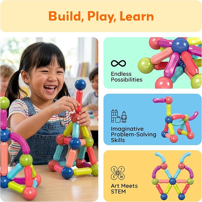 PicassoTiles Magnetic Building Stick Block Construction Set with Storage Bin Colorful 3D STEM Toy Blocks Bar Balls & Rods Montessori Educational for All Ages Puzzle Toy for Boys & Girls PTX50