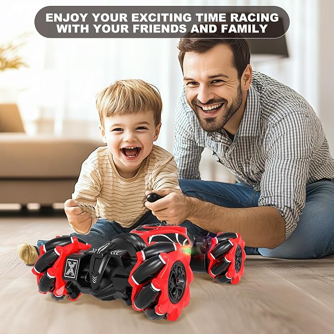 Gesture RC Car Red,1:24 High Speed 4WD Transform Stunt Car with Gesture & Remote Control, 360° Rotation Drift Vehicle with LED Lights Music, Racing Toy Cars Gift for Boys Girls Age 6-12