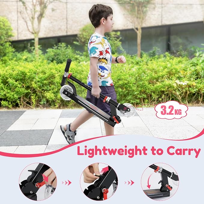 TONBUX Scooters for Kids 5-12, 2 Wheel Scooters with Cool Light Up Stem, Wheels, and Deck, 3 Level Adjustable Height Kick Scooter, Foldable and Lightweight Scooter for Kids 8-12