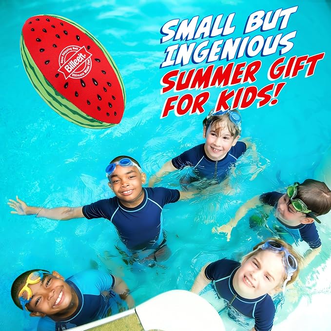 Billeeit 5Pcs Water Skipping Balls for Pool, Beach, Lake, River, Ocean Play, Floating TPR Bouncing Ball for Kids 3+ and Adults with 1 Football, 2 Round Balls, 2 Discs and Mesh Bag (Watermelon Theme)