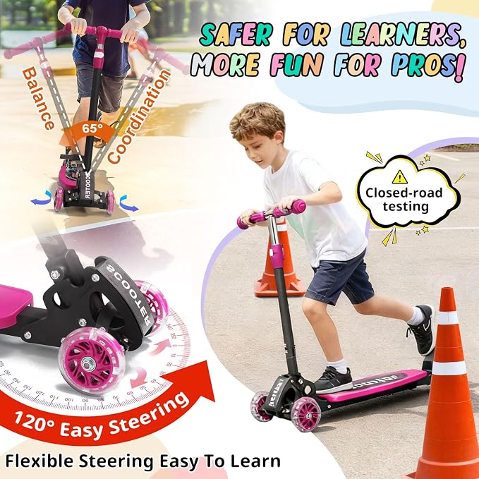 3 Wheel Kids Kick Scooter for Ages 3-12, Lean-to-Steer, Light-Up Wheels, 3-Level Adjustable Handlebar 27.5”-33”, Wide Non-Slip Deck, Dual Rear Brake,Travel Foldable, for Boys & Girls Toy Gifts