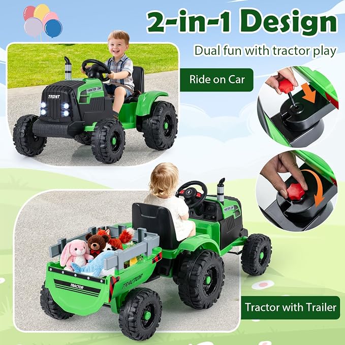 Costzon 24V Ride on Tractor with Detachable Trailer, Kids' Electric Vehicles with 3 Speeds, 15° Climbing, Wireless Design, Horn & Music, Remote Control Tractor Toy for Kids 3+,Gift (24V, Green)