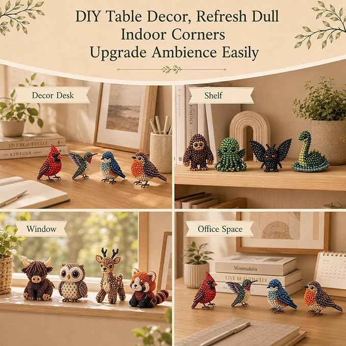 BLOWADM 4Pcs Tiny 3D Beaded Animal DIY Kit,Easy DIY Beading Embroidery Kit,3D Animal Themed Beadwork Kit for Beginners & Craft Enthusiasts, with Instructions