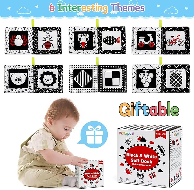 Dr.Rapeti Soft Cloth Books Baby Books Bath Books 6-Pack for Baby Infant Toddler Kids High Contrast Black and White Crinkle Washable Chewable Non-Toxic Early Educational Giftable