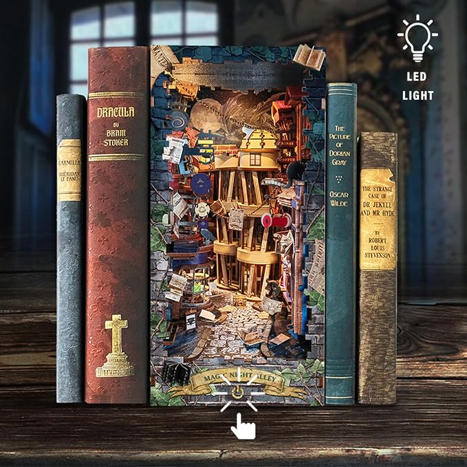 Book Nook with LED Light - 3D Puzzles for Adults, DIY Miniature House Kit, Exquisite Bookshelf Decor, Book Shelf Decor, Perfect, Dollhouse Magic Book Nooks-Magic Night Alley