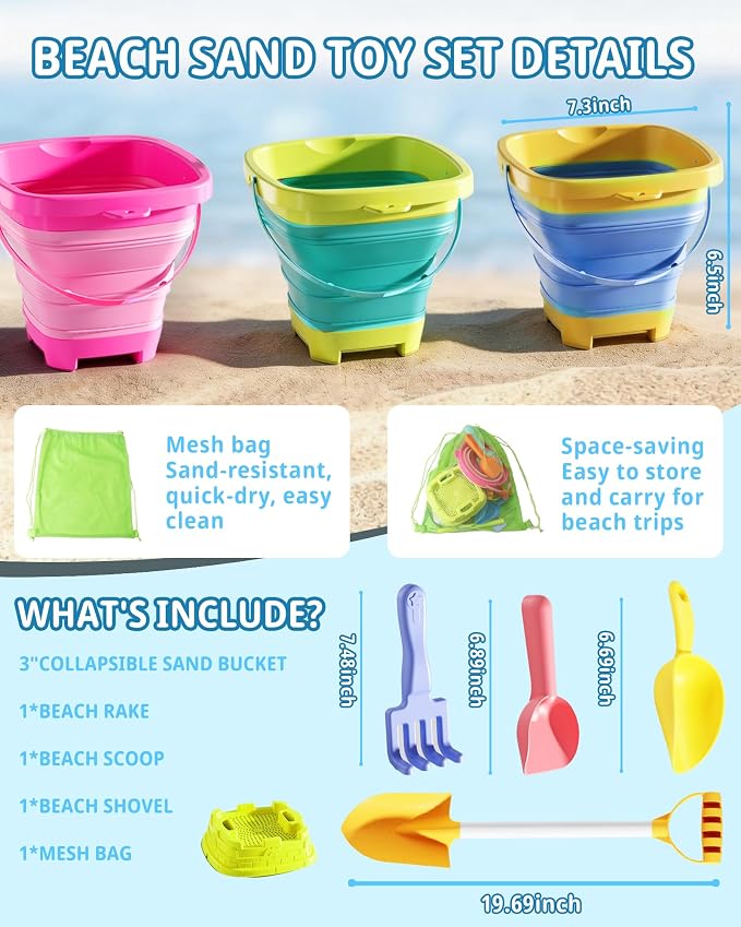 Beach Toys Set, 3 Collapsible Buckets, Detachable Large Pointed Sand Shovel, Flat Shovel, Rake, Scoop, Mesh Bag, Toddler Sandcastle Kit, Travel, Beach Party, Outdoor Summer Fun