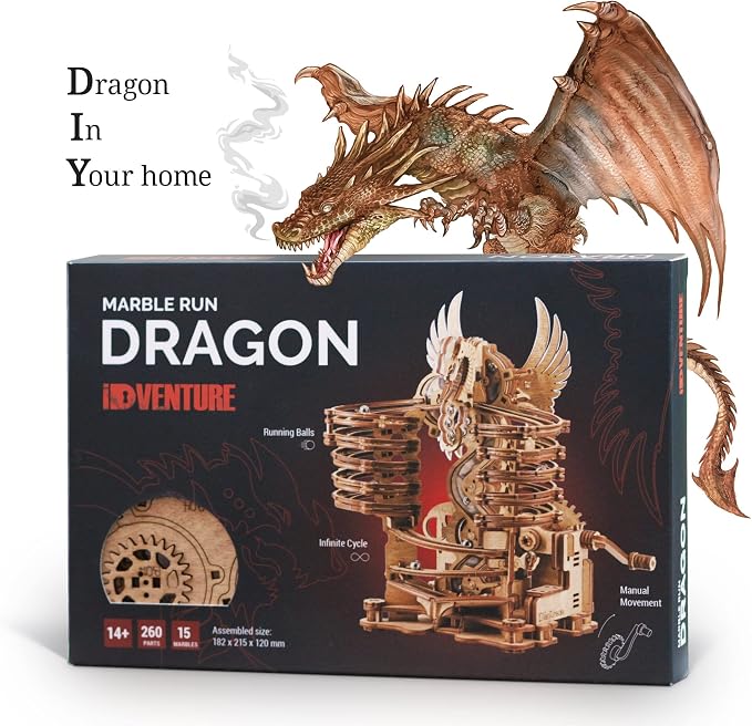 iDventure Wooden Marble Run Dragon | 3D Mechanical Wooden Model Kit | Hand-Cranked Marble Track with 15 Steel Balls | Unique DIY Gift for Adults & Teens