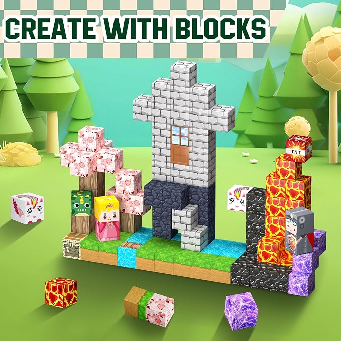 Uucoco 100PCS Magnetic Blocks - Magnet Cubes Toys Stacking, Build Mine Magnet World Magic Portal Set, STEM Montessori Stacking Toy for 3+ Year Old Boys&Girls (Forest and Castle)