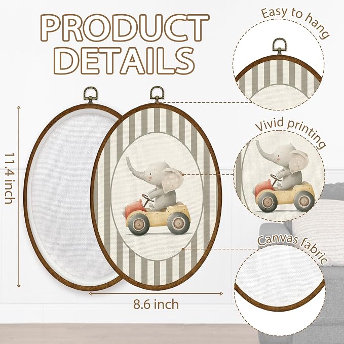 WULQYING Vintage Elephant Nursery Wall Art Decor, Kids Oval Framed Canvas Art Prints, Neutral Striped Elephant Driving Car Wall Hanging Decor for Kids Boy Nursery Room Playroom, 8.5x11.4 Inches