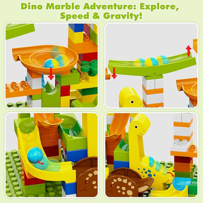 Dinosaur Marble Runs for Kids 4-8 Building Blocks Compatible with LEGO DUPLOS for Age 2-5/138Pcs Classic Big Blocks Marble Run for kids Ages 3-5 STEM Toy/Montessori Toys Gift for Kids Age 3,4,5,6,7,8+