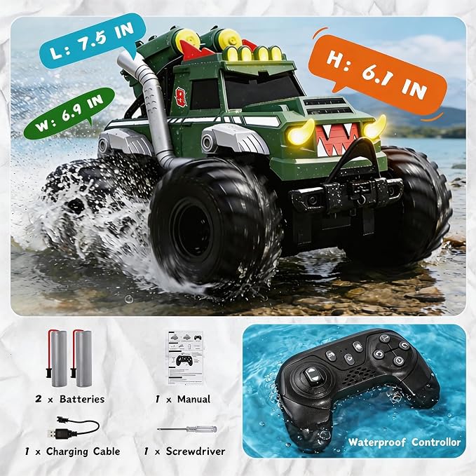 Remote Control Car, Amphibious Monster Trucks for Boys Age 4-7, 1:18 4WD All Terrain Waterproof Monster Truck Toys, 2.4GHz RC Boat W/2 Batteries, Birthday Gift for Kids Ages 6-12 Years Old