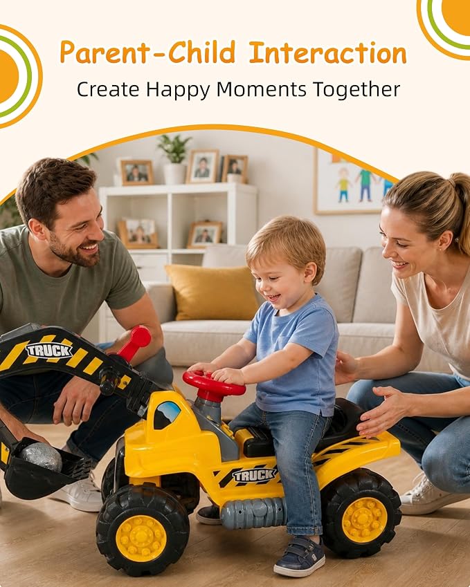 Kids Excavator Ride On Toys for Boys and Girls 2+ Years, Foot-to-Floor Ride On Excavator with Sounds, Steering Wheel, Storage, Toy Hard Hat and 3 Rocks