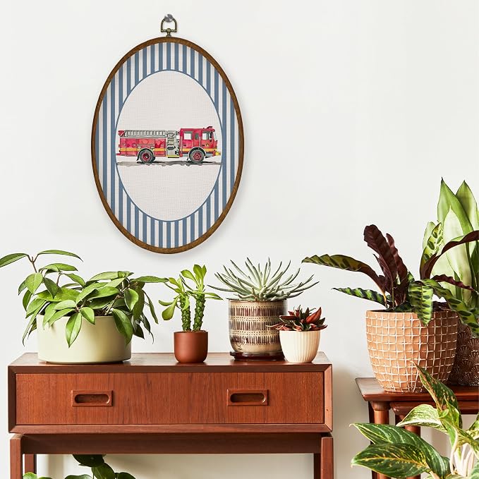 WULQYING Boy Nursery Fire Truck Car Wall Art Decor, Kids Room Oval Framed Canvas Art Prints, Blue Striped Fire Engine Wall Hanging Decor for Kids Boys Toddler Room Bedroom Playroom, 8.6x11.4 Inches