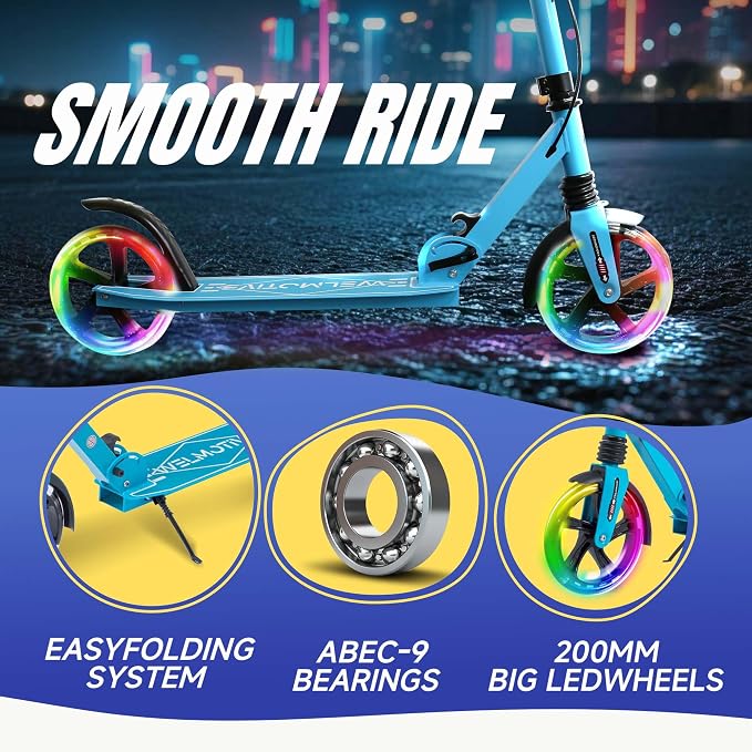 Kick Scooter for Kids Ages 8+ Teens & Adults, with Front handbrake and Rear Brake, and Adjustable Handlebars, Big Sturdy PU Flash Wheels Great Gift & Toy