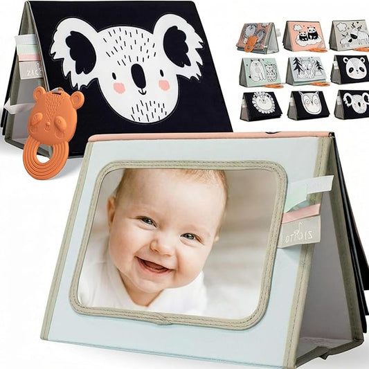 Soft Tummy Time Book w/ Large Stimulating Baby Safe Mirror - Fun High Contrast Montessori Toy w/ Mirror, Crinkle Filling & Silicone Teether - The Perfect Toy For Safe Early Newborn/Infant Development