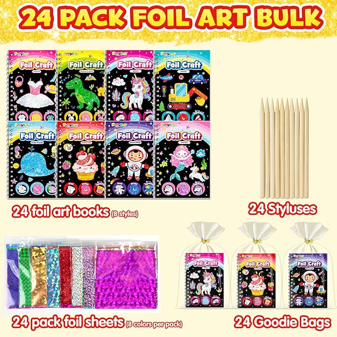 FUNNYB&G Foil Art Party Favors for Kids - 24 Pack Foil Art Crafts Kits Coloring Books, Goodie Bag Stuffers Party Favors for Kids 4-8 8-12, Bulk Birthday Classroom Prizes Girls Boys Gifts (Classic)