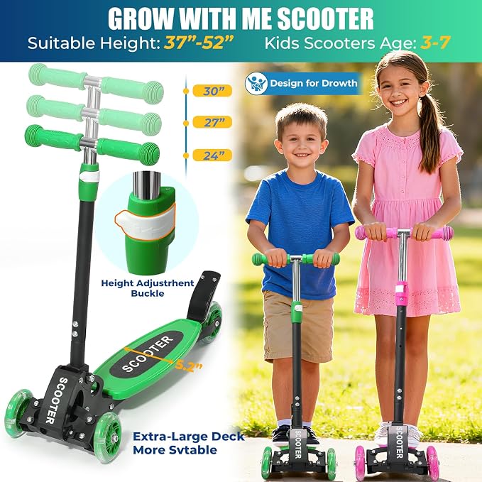 3 Wheel Scooter for Kids Ages 3-12, LED Light-Up Kids Kick Scooter–Portable Foldable, Adjustable Height, Durable Metal Construction, 6" Extra Wide Deck for Outdoor Activities,Child Safety Certified