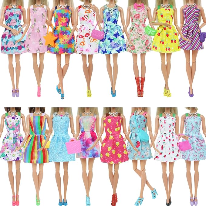 42 pcs Doll Clothes and Accessories Including 10 pcs Fashion Mini Dresses 32 pcs Shoes, Glasses, Necklaces, Handbag, Hangers Accessories for 11.5 Inch Girl Doll