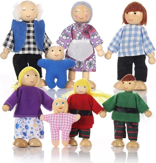 Jzszera Wooden Doll House Family of 8 Little Figures, Cute Dollhouse People for Girls Toddlers