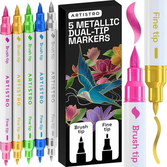 ARTISTRO 5 Metallic Acrylic Paint Markers - Paint Pens for Drawing - For Fabric, Rock, Glass, Wood, Molds - Arts & Crafts Gift for Adults, Teens, Kids, Classroom Must Haves & School Supplies