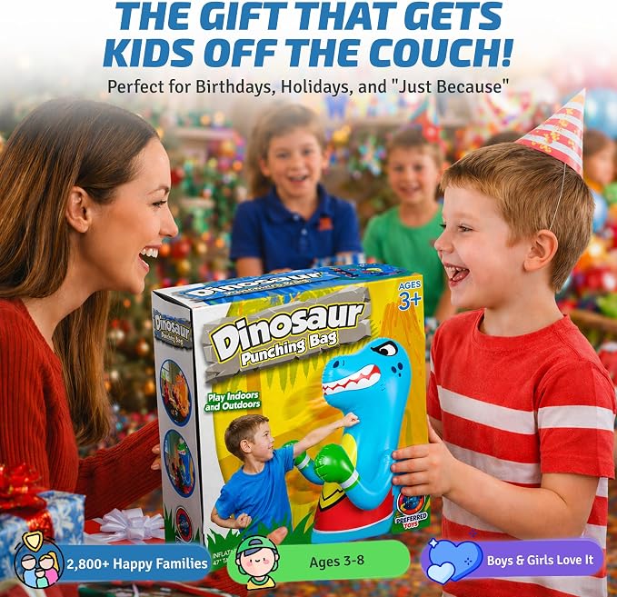 Preferred Toys 47" Inflatable Dinosaur Punching Bag for Kids - Durable Blow Up Kids Punching Bag with Bounce Back Base - Inflatable Indoor Outdoor Active Toddler Bop Play Toy