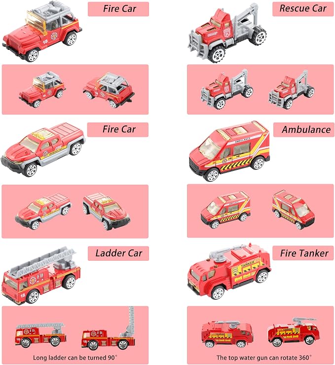 BenRich 6Pcs Mini Die Cast Car 1/64 Scale Alloy Fire Truck Vehicle Metal Model Toy Set, Ladder, Water Tower Truck, Ambulance, Transport, Patrol Car, Model Toys for Kid Boys Girls Birthday Xmas Present