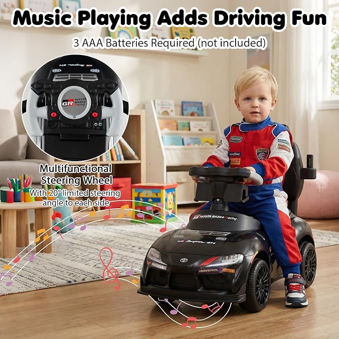 Costzon Push Car for Toddlers, 3 in 1 Toyota Licensed Stroller Sliding Walking Car w/Handle, Music, Safety Guardrail, Under-Seat Storage, Foot-to-Floor Kids Ride On Toys for Boys Girls (Black)
