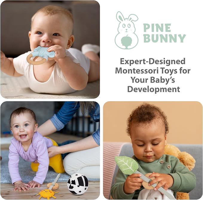 Pine Bunny Montessori 9-in-1 Newborn Sensory Toy Set for 0+ Months Plush Bed Wrap Vision Ball, Black & White Cards Mirror Bed Surround Elephant Teether Educational Learning Tummy Time Development Toys