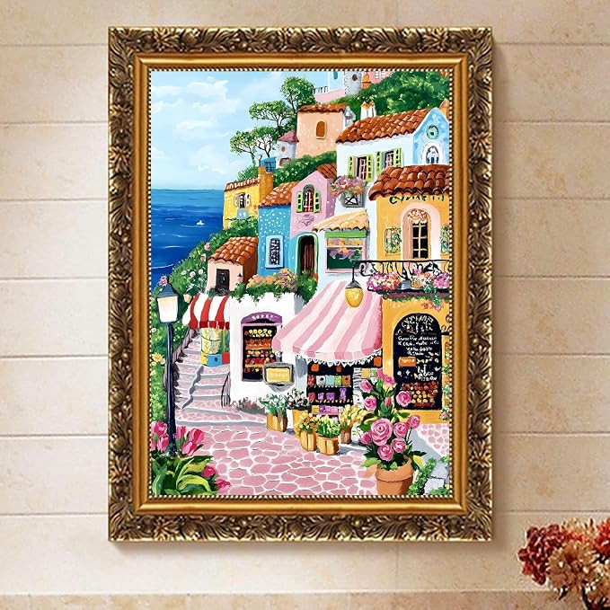 Paint by Numbers for Adults and Kids Beginner, Mediterranean Coastal Village TownPainting by Number Kits On Canvas, Number Artist Paint by Number Kit Oil Painting Acrylic Paints, Home Wall Decor Gift