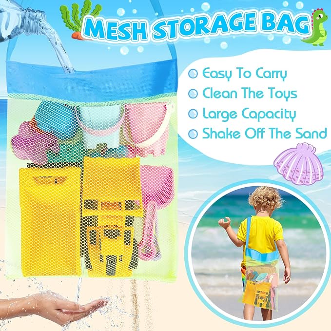 FHOZGECY Beach Sand Toys, 3 Construction Vehicles, 3 Collapsible Buckets, Sand Castle Molds with Travel Mesh Bags, Sandbox Play Set for Kids Ages 3-12, Multi‑Scene Play for Outdoor Summer Beach Games