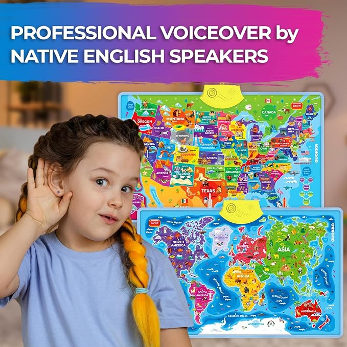 QUOKKA Educational Toys for Kids 5-7 Year Old - USA World Maps Puzzle Learning Wall Chart for Toddlers Age 3 4 6+ - Interactive Speech Therapy Poster Boy Girl - Autism Geography Puzzle Game 8-10-12