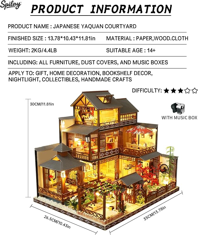 Spilay DIY Dollhouse Miniature with Wooden Furniture,DIY Dollhouse Kit Big Japanese Courtyard Model with LED & Music Box,1:24 Scale Creative Room Gift Idea for Adult Friend Lover (Yaquan Courtyard)