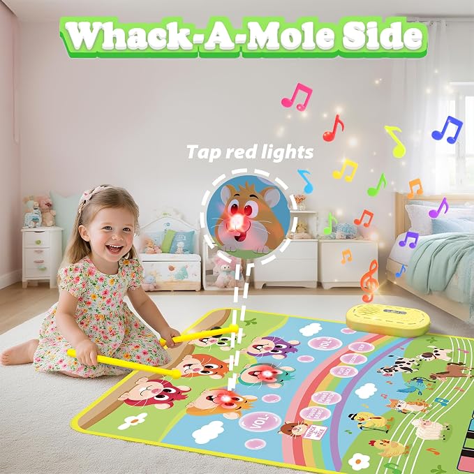 MOMUSE 3-in-1 Piano Music Mat for Kids, Whack-a-Mole Game Floor Play Mat with 30 Sound & Function Keys, Sensory Musical Toys for Girls Boys 3 4 5 6 7 8 9 Years Old