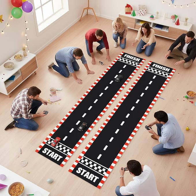 Fabbay 2 Pieces Racing Car Party Decorations 2 x 9. 8 ft Long Racetrack Floor Running Mat Drag Race Car Road Birthday Party Supplies Checkered Race Tracks Runway Party Supplies for Sport Event