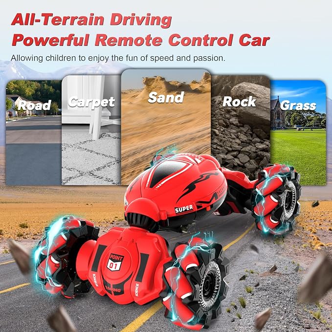 Fosgoit RC Car Toys for Boys Girls 6-12, Birthday Xmas Gifts for 6 7 8 9 10 11 12 Years Old, Gesture Sensing RC Stunt Car with Lights Music 2.4GHz 4WD Hand Remote Control 360° Rotate All-Round Drift